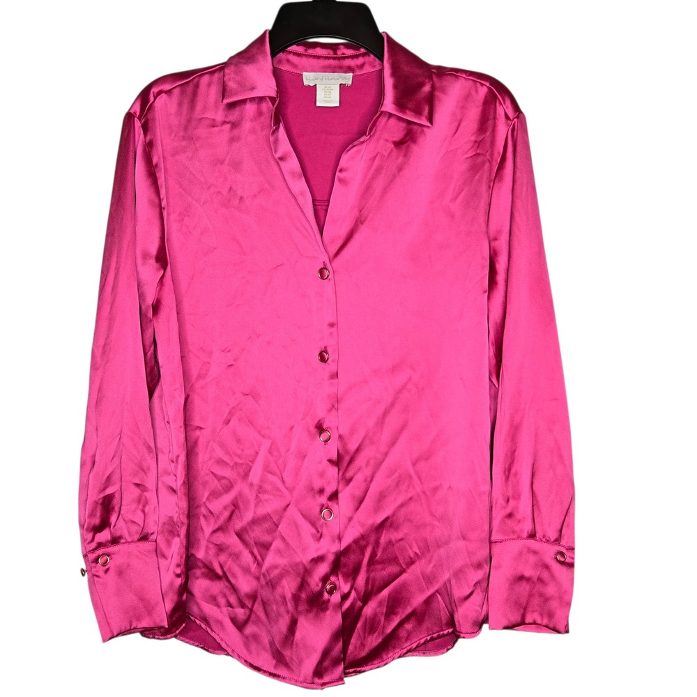 House of Harlow 1960 Womens XS Pink Satin Button Down Long Sleeve Shirt Top